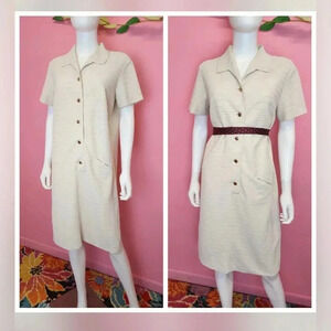 60's Beige Shift Dress with Pocket and Buttons size Large by measurements